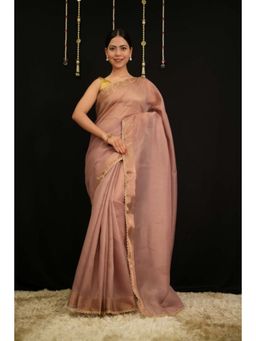 Isadora Life - Womens Solid Lace Work Pink Pre-Draped Saree with Unstitched Blouse