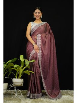 Isadora Life - Womens Beads Sequined Brown Pre-Draped Saree with Unstitched Blouse