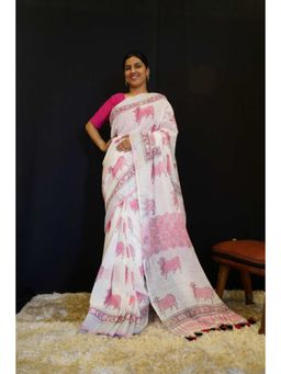 Isadora Life - Womens Printed Tassels White Pre-Draped Saree with Unstitched Blouse
