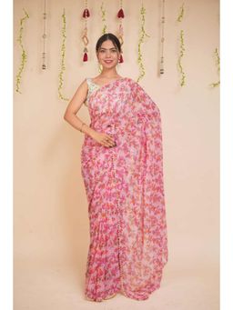 Isadora Life - Womens Floral Beads Pink Pre-Draped Saree with Unstitched Blouse