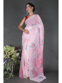 Isadora Life - Womens Floral Printed Pink Pre-Draped Saree with Unstitched Blouse
