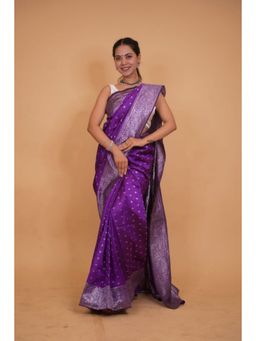 Isadora Life - Womens Woven Zari Purple Pre-Draped Saree with Unstitched Blouse