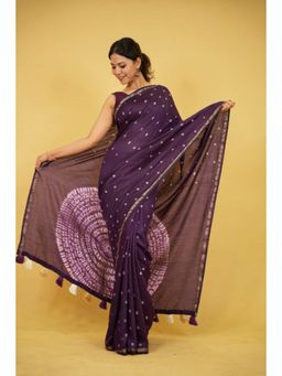Isadora Life - Womens Printed Tassels Purple Pre-Draped Saree with Unstitched Blouse