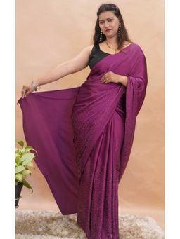 Isadora Life - Womens Beads Sequined Purple Pre-Draped Saree with Unstitched Blouse
