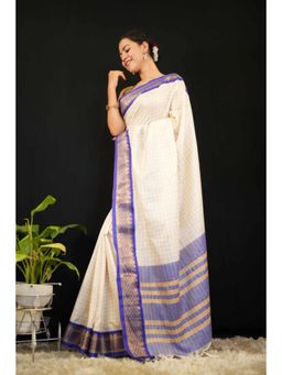 Isadora Life - Womens Checks Tassels Cream Pre-Draped Saree with Unstitched Blouse