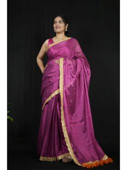 Isadora Life - Womens Solid Tassels Purple Pre-Draped Saree with Unstitched Blouse