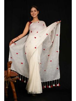Isadora Life - Womens Embroidered Tassels White Pre-Draped Saree with Unstitched Blouse