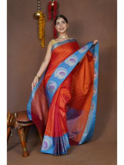 Isadora Life - Womens Woven Zari Orange Pre-Draped Saree with Unstitched Blouse