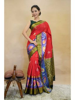 Isadora Life - Womens Printed Zari Red Pre-Draped Saree with Unstitched Blouse
