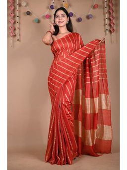 Isadora Life - Womens Striped Zari Red Pre-Draped Saree with Unstitched Blouse