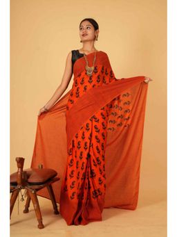 Isadora Life - Womens Paisley Printed Orange Pre-Draped Saree with Unstitched Blouse