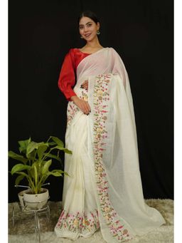 Isadora Life - Womens Embroidered Thread Work White Pre-Draped Saree with Unstitched Blouse