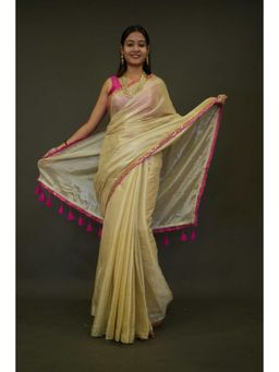 Isadora Life - Womens Solid Tassels Beige Pre-Draped Saree with Unstitched Blouse