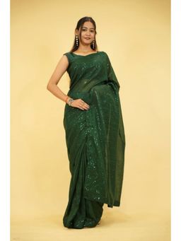 Isadora Life - Womens Sequined Green Pre-Draped Saree with Unstitched Blouse