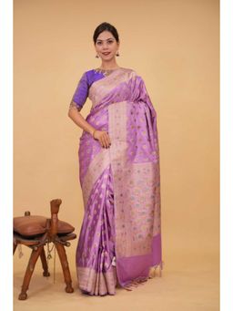 Isadora Life - Womens Woven Zari Purple Pre-Draped Saree with Unstitched Blouse