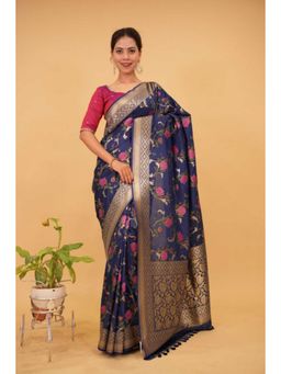 Isadora Life - Womens Floral Zari Blue Pre-Draped Saree with Unstitched Blouse