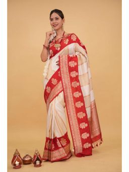 Isadora Life - Womens Woven Tassels Off White Pre-Draped Saree with Unstitched Blouse