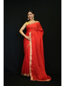 Isadora Life - Womens Solid Mirror Work Red Pre-Draped Saree with Unstitched Blouse