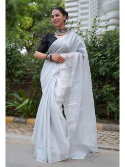 Isadora Life - Womens Solid Tassels White Pre-Draped Saree with Unstitched Blouse