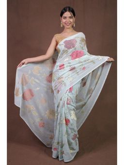 Isadora Life - Womens Sequined Embroidered Blue Pre-Draped Saree with Unstitched Blouse