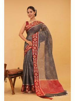 Isadora Life - Womens Woven Tassels Grey Pre-Draped Saree with Unstitched Blouse