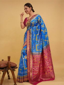 Isadora Life - Womens Printed Blue Pre-Draped Saree with Unstitched Blouse