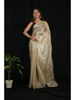 Isadora Life - Womens Sequined Ivory Pre-Draped Saree with Unstitched Blouse