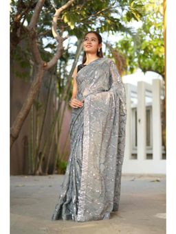 Isadora Life - Womens Sequined Embroidered Grey Pre-Draped Saree with Unstitched Blouse