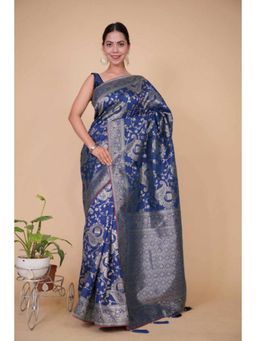 Isadora Life - Womens Printed Zari Blue Pre-Draped Saree with Unstitched Blouse