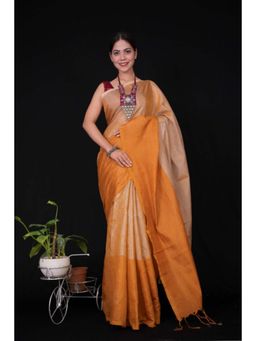 Isadora Life - Womens Solid Tassels Beige Pre-Draped Saree with Unstitched Blouse