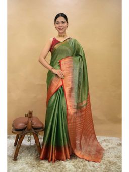 Isadora Life - Womens Woven Zari Green Pre-Draped Saree with Unstitched Blouse