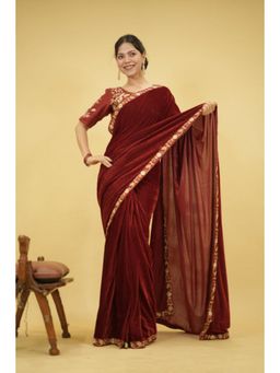 Isadora Life - Womens Solid Embroidered Brown Pre-Draped Saree with Unstitched Blouse