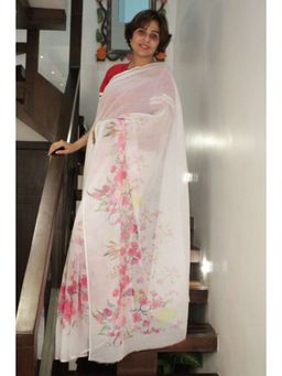 Isadora Life - Womens Floral Printed White Pre-Draped Saree with Unstitched Blouse