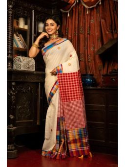 Isadora Life - Womens Printed Tassels Off White Pre-Draped Saree with Unstitched Blouse