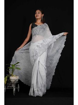 Isadora Life - Womens Embroidered Thread Work White Pre-Draped Saree with Unstitched Blouse