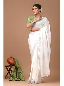 Isadora Life - Womens Solid Tassels White Pre-Draped Saree with Unstitched Blouse