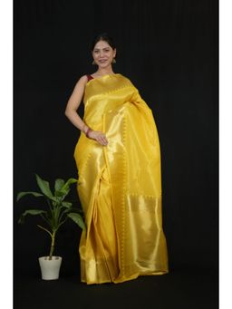 Isadora Life - Womens Woven Zari Yellow Pre-Draped Saree with Unstitched Blouse