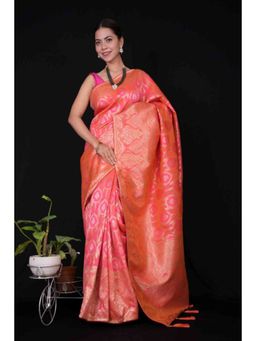 Isadora Life - Womens Woven Zari Pink Pre-Draped Saree with Unstitched Blouse