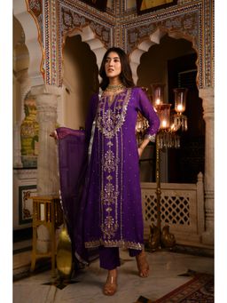 DIMPLE DESIGN STUDIO - Purple Georgette Aari Kurta With Pant And Dupatta (Set of 3)