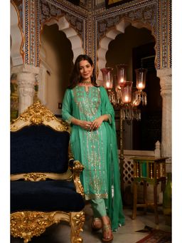 DIMPLE DESIGN STUDIO - Mint Green Georgette Aari Kurta With Pant And Dupatta (Set of 3)