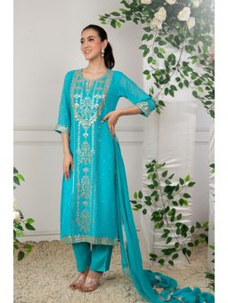 DIMPLE DESIGN STUDIO - Firozi Blue Georgette Aari Kurta With Pant And Dupatta (Set of 3)