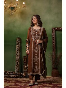 DIMPLE DESIGN STUDIO - Brown Georgette Aari Kurta With Pant And Dupatta (Set of 3)