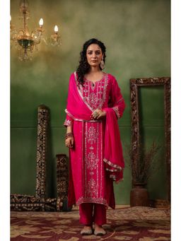 DIMPLE DESIGN STUDIO - Fuschia Pink Georgette Aari Kurta With Pant And Dupatta (Set of 3)