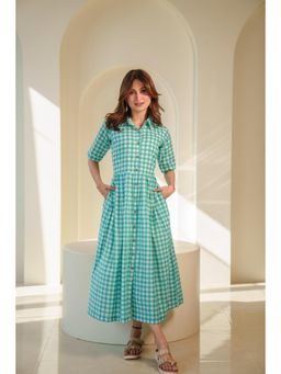 DIMPLE DESIGN STUDIO - Turquoise Check Cotton Shirt Dress