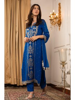 DIMPLE DESIGN STUDIO - Royal Blue Georgette Aari Kurta With Pant And Dupatta (Set of 3)