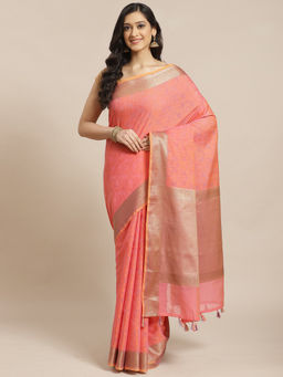 Indethnic - Banarasi Pink Woven Design Work Wear Saree With Unstitched Blouse
