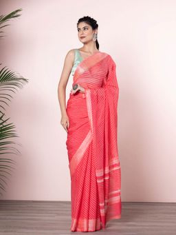 Beatitude - Pink White Leheriya Saree with Unstitched Blouse