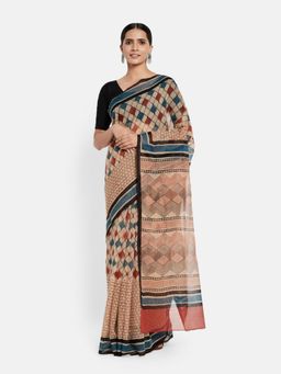 Fabindia - Beige Cotton Silk Hand Block Print Saree without Blouse