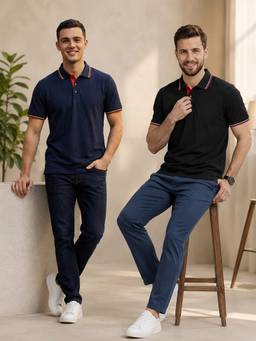 Greylongg - Navy Blue and Black Comfortable Men’s Polo T-Shirt