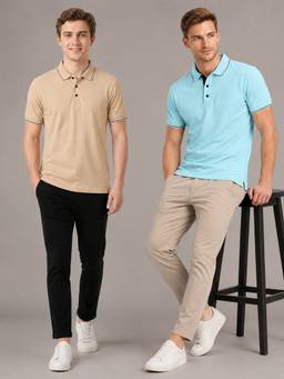 Greylongg - Beige and Blue Comfortable Men’s Polo T-Shirt